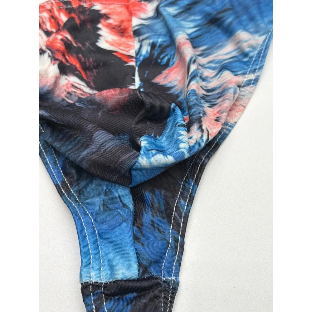 Mens Abstract Floral Print Low Rise Pouch Thong Underwear Blue Red White